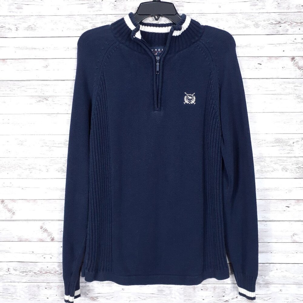 Thre3 Mens Henley Sweater M Mock Neck Ribbed Sides Navy 227A